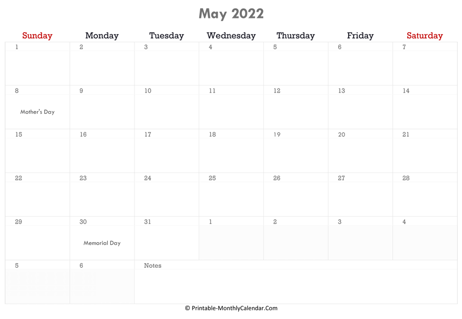 printable may calendar 2022 with holidays and notes horizontal layout