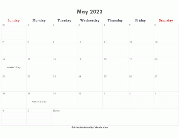 printable may calendar 2023 with holidays and notes (horizontal layout)
