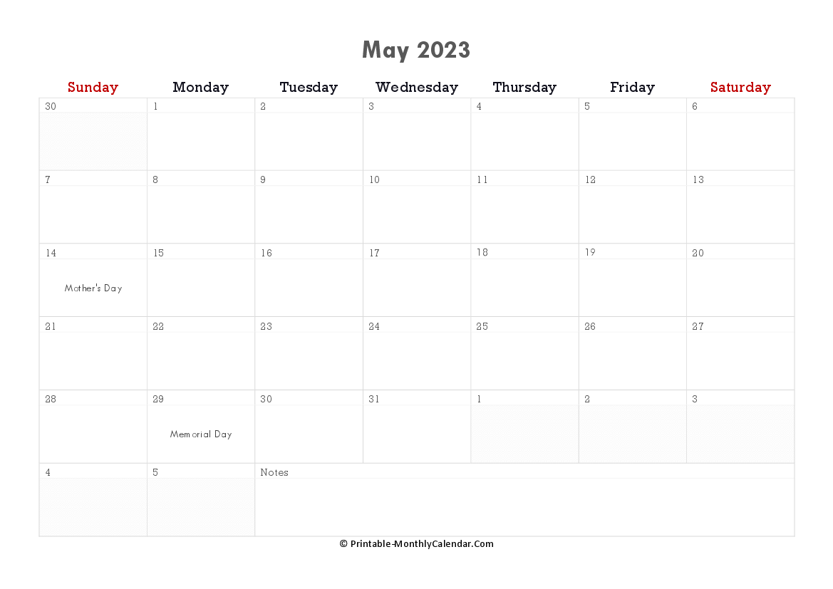 printable may calendar 2023 with holidays and notes horizontal layout