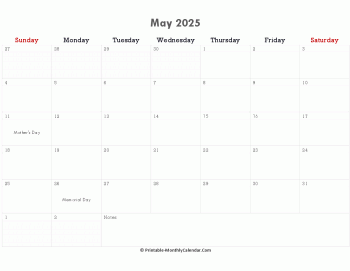 printable may calendar 2025 holidays notes horizontal