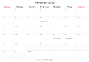 printable november calendar 2020 with holidays and notes (horizontal layout)