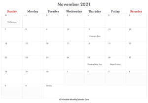 printable november calendar 2021 holidays notes horizontal
