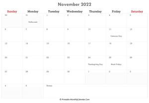 printable november calendar 2022 with holidays and notes (horizontal layout)