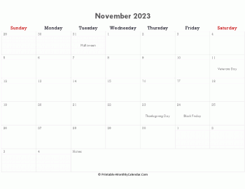 printable november calendar 2023 with holidays and notes (horizontal layout)