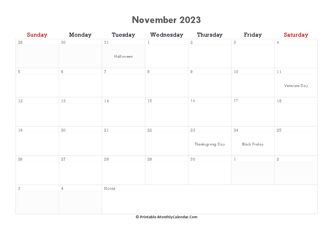 printable november calendar 2023 with holidays and notes horizontal layout