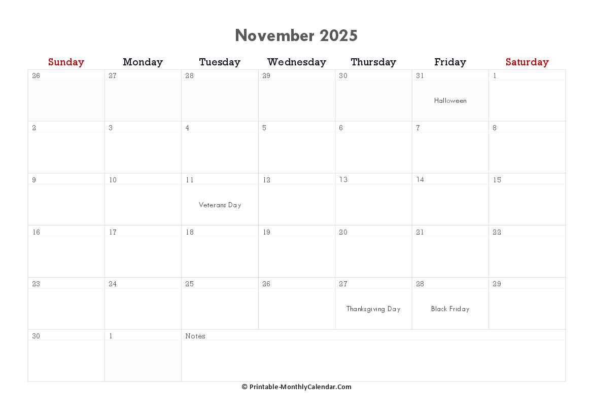 Printable November Calendar 2025 with Holidays and Notes (Horizontal