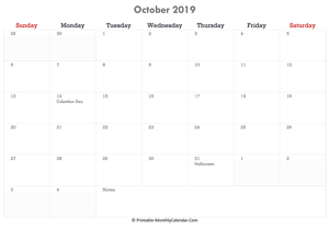 printable october calendar 2019 with holidays and notes (horizontal layout)