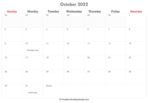 printable october calendar 2022 with holidays and notes (horizontal layout)