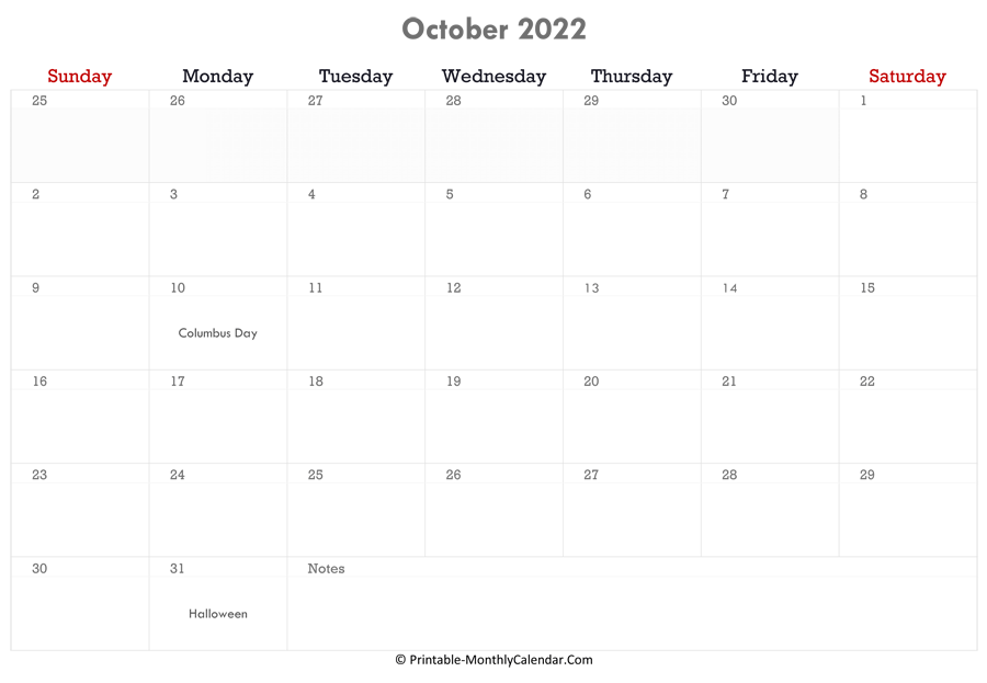 printable october calendar 2022 with holidays and notes horizontal layout