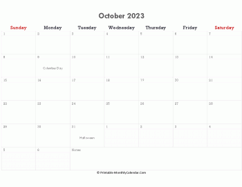 printable october calendar 2023 with holidays and notes (horizontal layout)