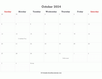 printable october calendar 2024 holidays notes horizontal