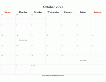 printable october calendar 2025 with holidays and notes (horizontal layout)