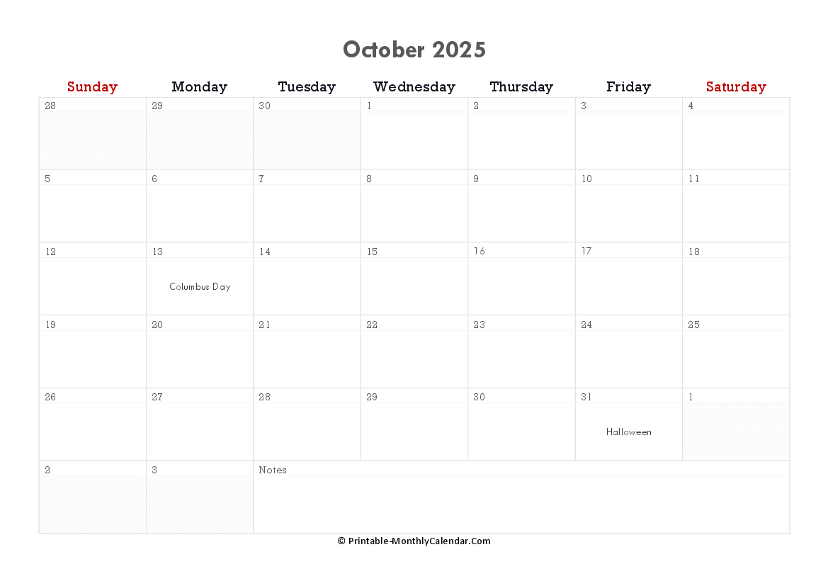 printable october calendar 2025 with holidays and notes horizontal layout