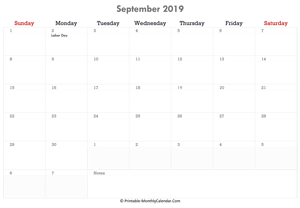 printable september calendar 2019 with holidays and notes (horizontal layout)