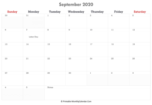 printable september calendar 2020 with holidays and notes (horizontal layout)