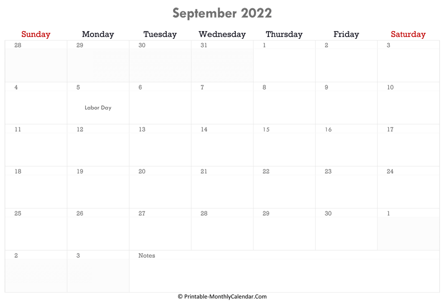 printable september calendar 2022 with holidays and notes horizontal layout