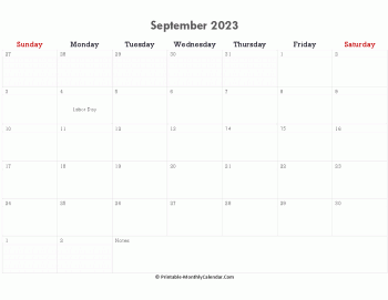 printable september calendar 2023 holidays notes horizontal
