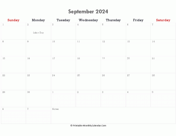 printable september calendar 2024 with holidays and notes (horizontal layout)