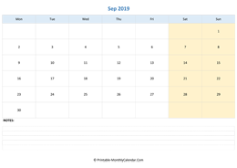 september 2019 editable calendar with notes (horizontal layout)