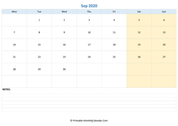 september 2020 editable calendar with notes (horizontal layout)