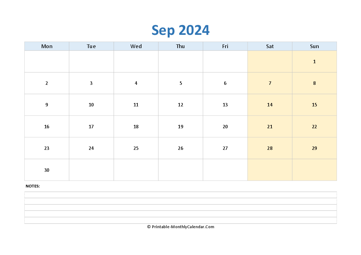 september 2024 editable calendar with notes (landscape layout)