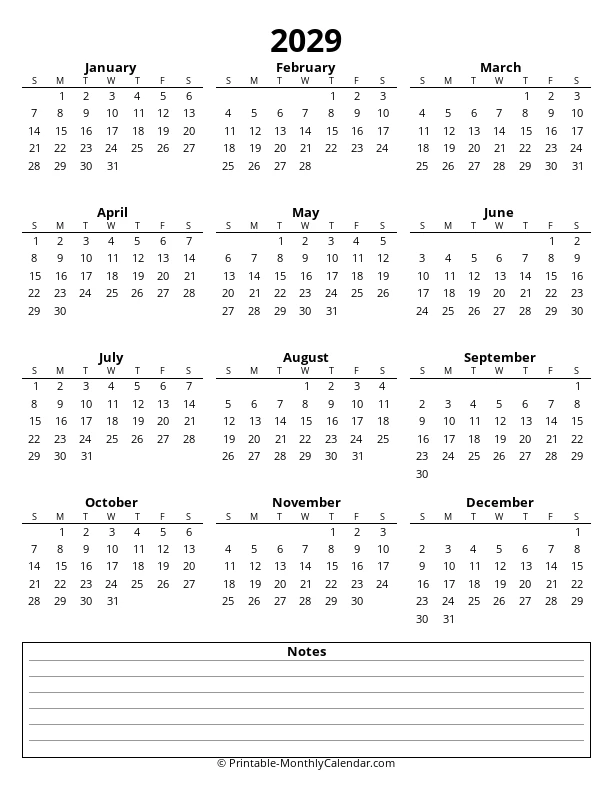 2029 Calendar with Notes