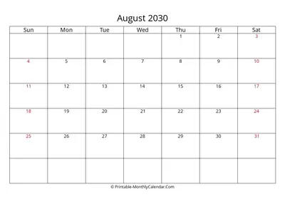 August 2030 Calendar with Holidays