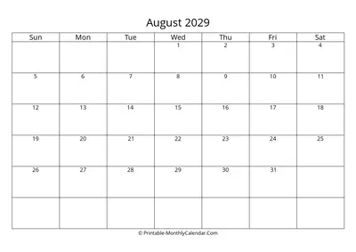 Blank August 2029 Calendar