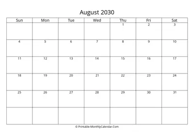 Blank August 2030 Calendar