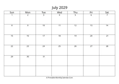 Blank July 2029 Calendar
