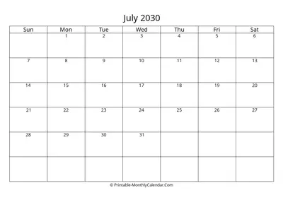 Blank July 2030 Calendar