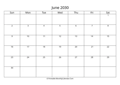 Blank June 2030 Calendar