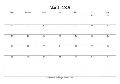 Blank March 2029 Calendar
