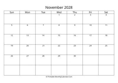 Blank November 2028 Calendar