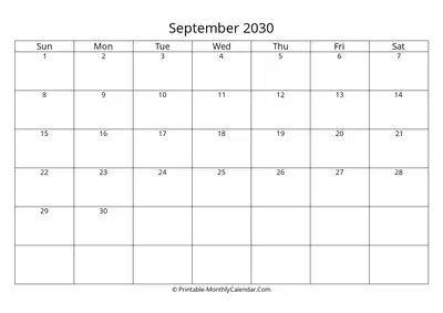 Blank September 2030 Calendar