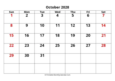 Editable 2028 October Calendar