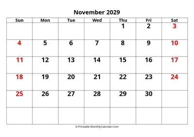 Editable 2029 November Calendar