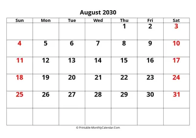 Editable 2030 August Calendar
