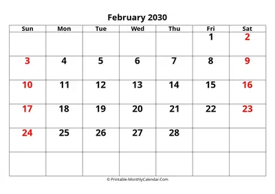 Editable 2030 February Calendar
