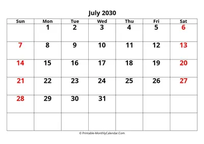 Editable 2030 July Calendar