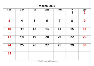 Editable 2030 March Calendar