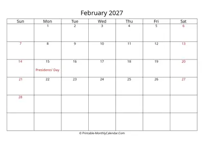 February 2027 Calendar with Holidays