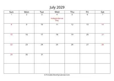 July 2029 Calendar with Holidays