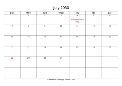 July 2030 Calendar with Holidays