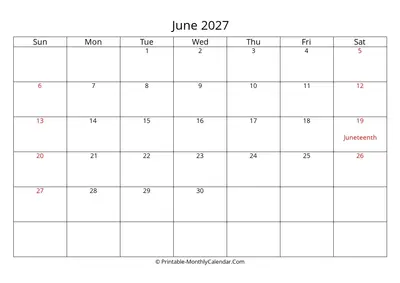 June 2027 Calendar with Holidays