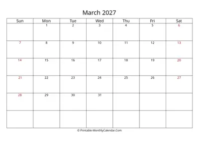 March 2027 Calendar with Holidays