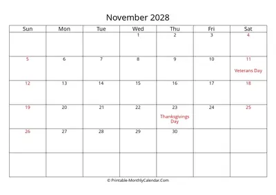 November 2028 Calendar with Holidays