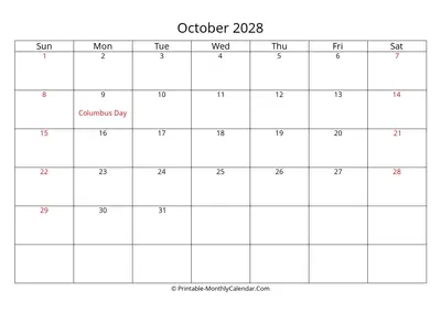 October 2028 Calendar with Holidays
