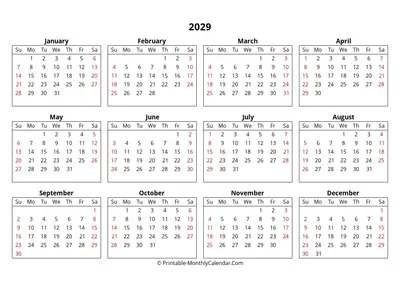 Printable 2029 Calendar