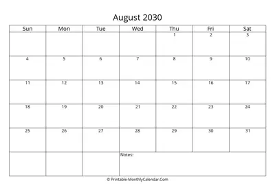 Printable 2030 August Calendar